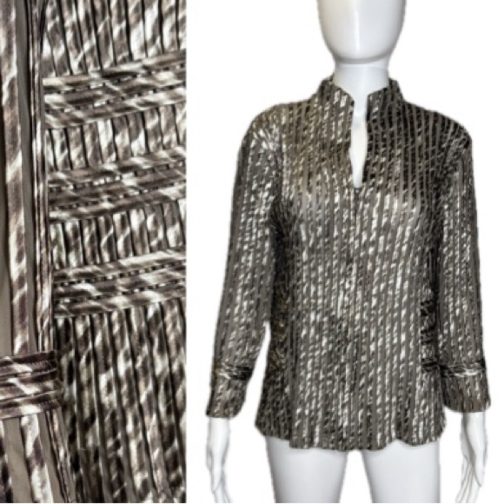 Chico's Julianne Striped Satin Mesh Zip Jacket Womens Size 1 M/8 Taupe Brown